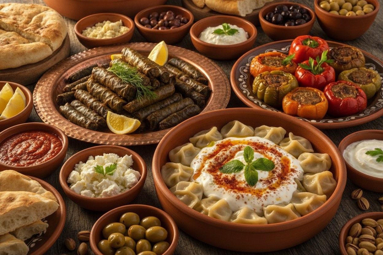 Mantı, sarma ve biber dolmasından oluşan karışık bakır sofra